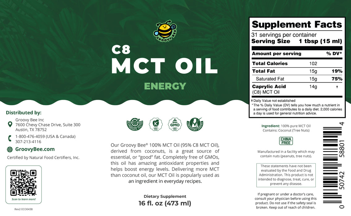 100% MCT Oil (95% C8 MCT Oil) - Energy 16 fl oz (473 ml) (6-Pack)