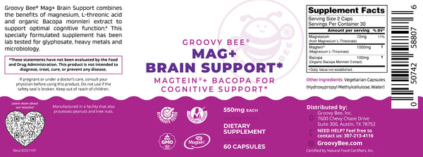 Mag+ Brain Boost Nootropic (Magtein + Bacopa for Cognitive Performance) 60 Capsules (550mg Each)