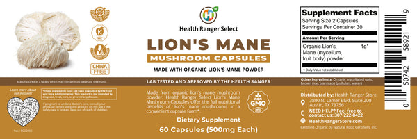 Lion's Mane Mushroom Capsules 60 Caps (500mg Each) (Made with Organic Lion's Mane Mushroom Powder)