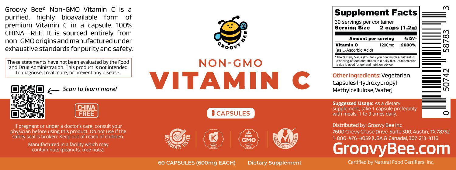 Non-GMO Vitamin C 60 caps (600mg each) (3-Pack)